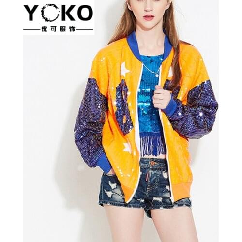 YOKO Letter long-sleeved streetwear zipper sequined short coat Spring and summer new hip-hop performance clothing female jacket