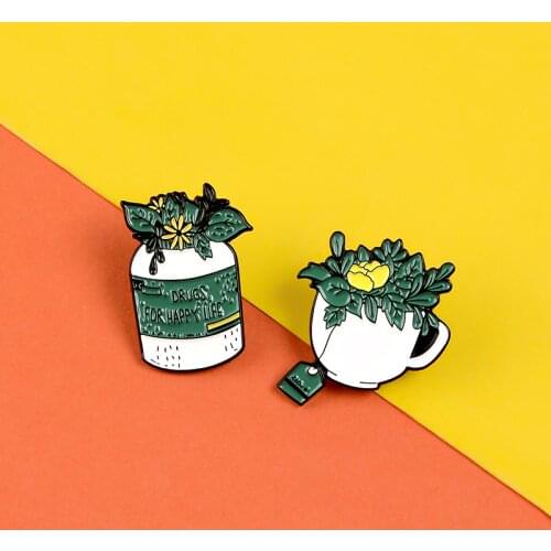 Yellow flower Lush leaves cups pins Happy life enamel pins and brooches Lapel pin badges Jackets bag caps Plant Jewelry gifts