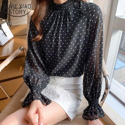 Women Spring Autumn Style Chiffon Blouses Shirts Lady Casual Long Sleeve O-Neck Polka Dot Printed Real Silk Blusas Tops 16110