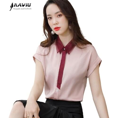 Pink Shirt Women Short Sleeve Summer New Slim Design Temperament Casual Chiffon Blouses Office Ladies Formal Work Tops