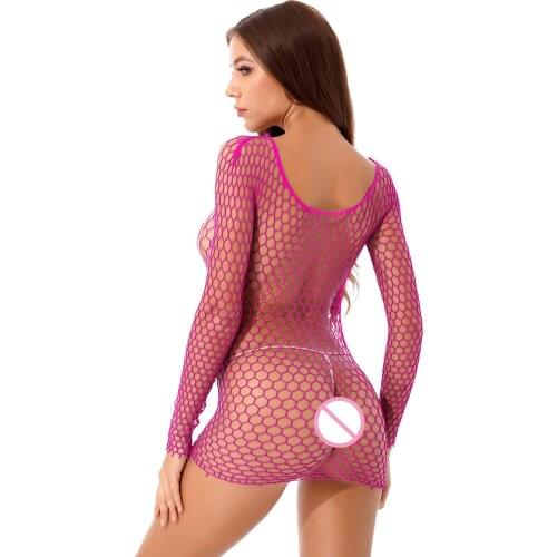 Womens Hollow Out Fishnet Tops See-through Mesh T-shirt Solid Color Round Neck Long Sleeve Stretchy Tee Sexy Clubwear For Party
