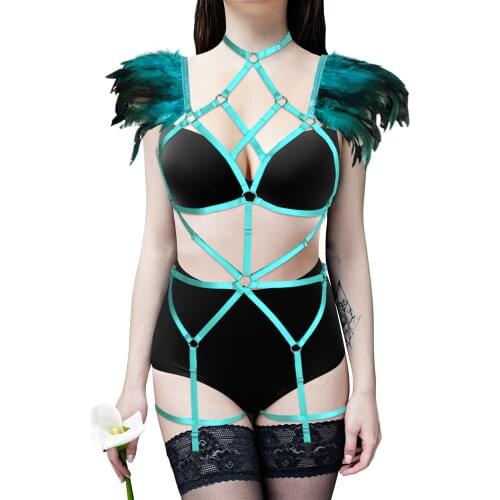 Womens Sexy Feather Body Harness Set Leg Garter Bra Belts Thigh Bondage Strappy Goth Erotic Stockings Lingerie Suspender Fetish