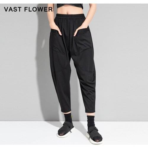 Black High Waist Pocket Harem Pants Women 2021 Summer New Plus Size Elastic Waist Casual Loose Fit Trousers Fashion Streetwear