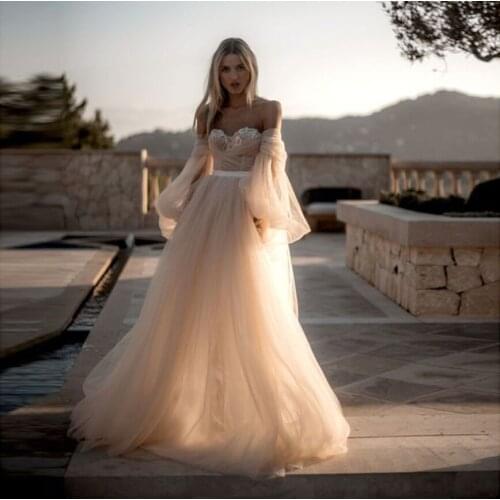 Boho Wedding Dresses Sweetheart Appliques Bride Dress Pleats Puff SleevesTulle A Line 2021 Vestidos De Novia Robe Mariee