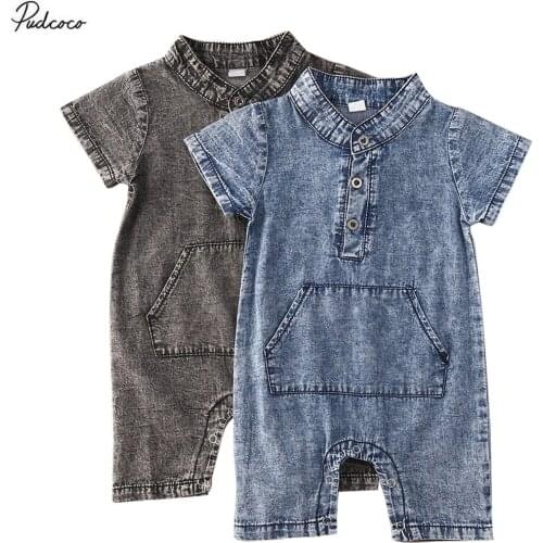 2020 0-18M Infant Baby Boys Girls Denim Rompers outfit Shorts Sleeve Solid Pocekt Jumpsuit Cotton Summer Clothes 2 Colors
