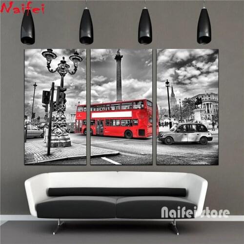 3 Panels 5D DIY Diamond Painting Black And White Red Bus London Full Diamond Embroidery Landscape Mosaic Rhinestone Home Decor
