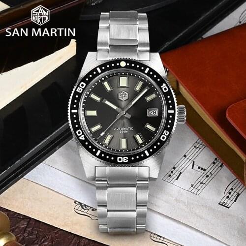 San Martin 62MAS 200m Mens Diver Watch Sapphire Glass NH35 Automatic Watch Steel Bracelet Mechanical Watches