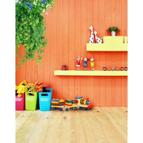 5x7ft Wooden Floor Red Wall Green Leaves Photography Backdrops Photo Props Studio Background