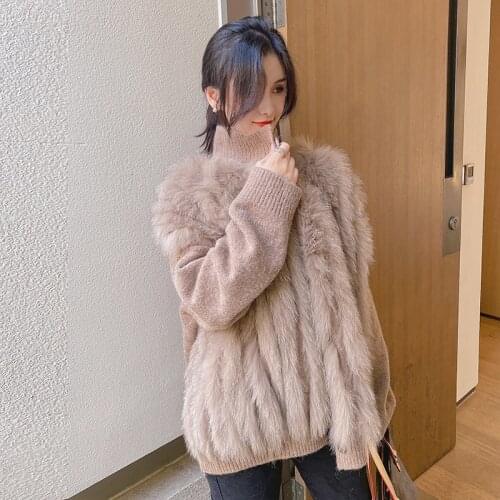 France Popular Women lady Knitted Cashmere Coat Fox Fur Wool Middle Long Sweater Cardigan Real Fur Overcoat F1024-5