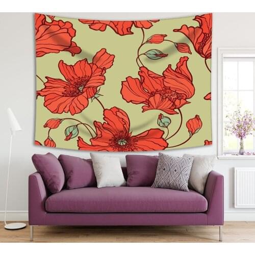 Tapestry Poppy Flowers Buds Nature Summer Flower Garden Classic Floral Pattern Artwork Coral Green
