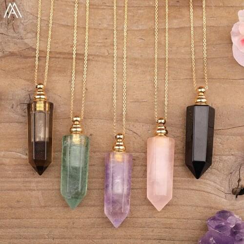 Classic Women Amethysts Quartz Green Fluorite Stone Prism Point Perfume Bottle Pendant Gold Chains Necklace Jewelry Wholesales