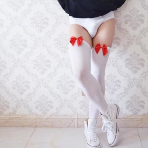 New Mens Sexy Tights Red Bow Stockings Solid Pantyhose Male Exotic Sex Lingerie Gay Sissy Adult Fetish Man Stocking dropshipping