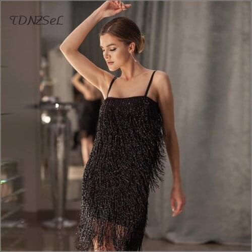 Summer Mini Slip Dress Tassel Women Sexy Sleeveless Lady Elegant Evening Party Designer Dress Spaghetti Strap Black Temperament