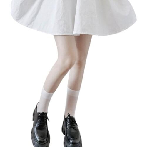 Women Girls Summer Transparent Silky Calf Socks Classic Retro Simple Solid Color Japanese Lolita Sheer Knee High Long Stockings