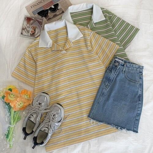 Summer retro striped color matching turn-down collar loose wild short-sleeved T-shirt