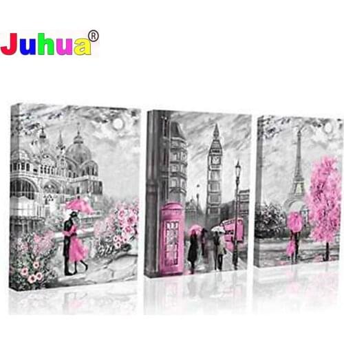 Full square/round drill Triptych 5d diy diamond painting 3 Pieces Romantic Love mosaic embroidery kit Pink Flower 2021 New Gift