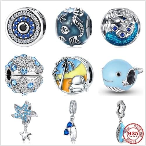 The new Silver Shiny blue whale island mermaid undersea world fit Pandora Charm Silver 925 Bead Bangle with stylish DIY jewelry