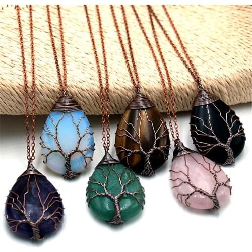 Wholesale 6pc/lot Natural stone crystal tree of life necklace drop shaped bronze chakra retro jewelry necklace pendant