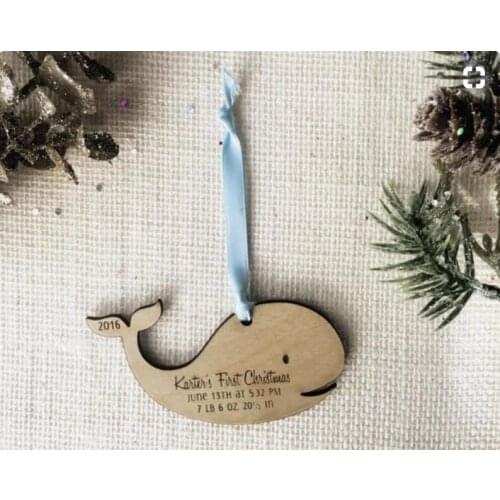 Whale Babys First Christmas Ornament - Personalized with Birth Details - Custom Rustic Wood Ornament - Under the Sea Baby Gift