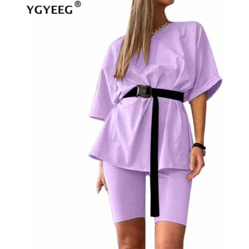 YGYEEG Casual Solid Outfits Womens Two Piece Suit With Belt Home Loose Sports Tracksuits Fashion Bicycle Summer Dropshipping
