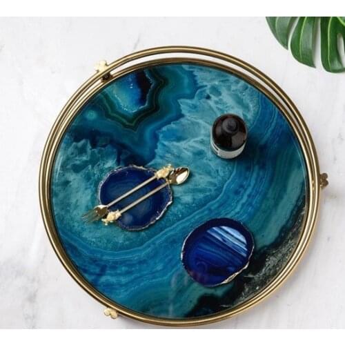 Ray Nordic Light Luxury Gold Plated Glass Storage Display Plate Sample Room Plate Tea Set Chassis Blue Agate