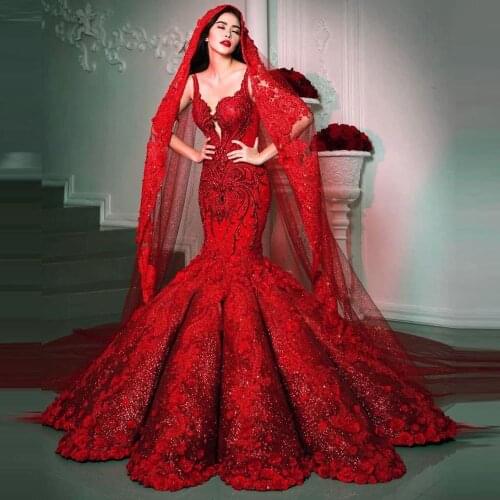 Luxury Red Prom Dresses With Straps Mermaid Ruffled Long Evening Dress Sexy V Neck Sweeatheart Beaded Sequins Flower Gowns