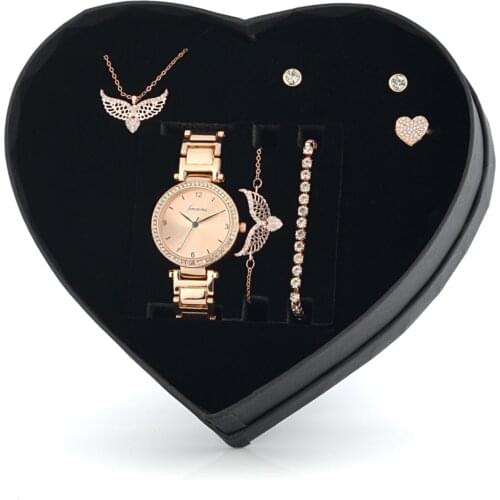 Rose Melek Kanadı Kolye Bileklik Küpe Yüzük Saat Hediye Set