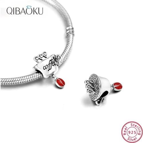 S925 Sterling Silver Beads Bracelet Red Coffee Bean Coffee Cup Steaming Coffee Beaded Charm Fashion Jewelry Gift