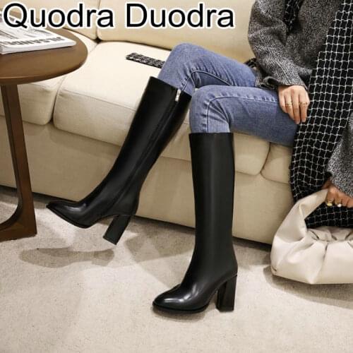 Women boots new winter Warm Plush knee-high zipper black solid woman all match fashion female thick high heels big size 34 48