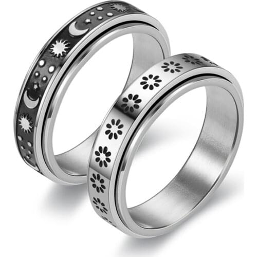 Stainless Steel Star/Flower/Moon Spinner Ring for Women Men Fidget Wide Band Hammered Meditation Fidget Spinner Size 6-11