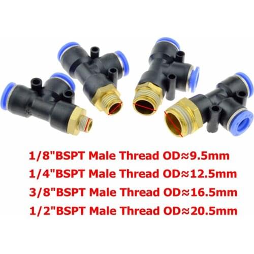 Pneumatic Connector 10mm 8mm 6mm 12mm Hose Tube T Shape Tee Air Fitting 1/4" 1/8" 3/8" 1/2"BSPT Male Thread 3 Way Pipe Coupler