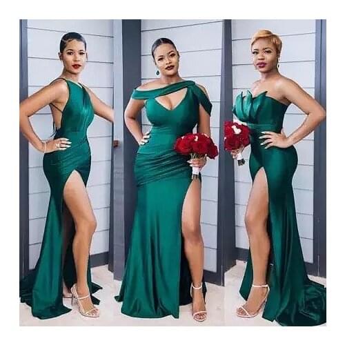 Dark Green Sheath Bridesmaid Dresses Mermaid Slit Satin Silk Maid of Honor Dresses Formal Strapless Wedding Party Gowns African