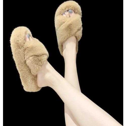 YSHUNIJ Shoes Autumn and winter 2021 new thick-soled slippers female rabbit hair cross-warm half-slippers