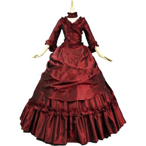 Wine Red Victorian French Bustle and Swag Dress Ball Gown Reenactment Clothing