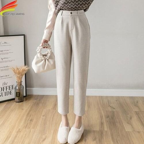 New 2020 Winter Ankle-Length Woolen Harem Pants Women Beige Or Black Color High Waist Pockets Korean Streetwear Pantalon Femme