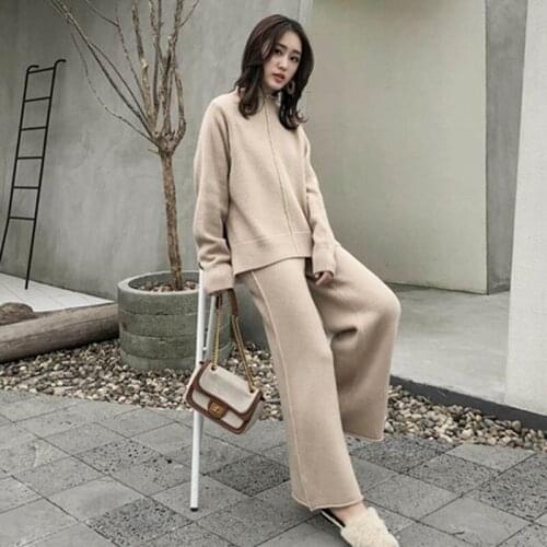 2020 Autumn Winter Thick Knitted Two pieces Set Women Warm Half Turtleneck Pullover Sweater+Wide leg Pants Warm Sweater Suit