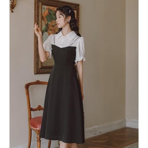 French Sweet Retro Dress 2021 Summer Korean Casual Temperament Lapel Pure Color Literary Vintage Midi Dress Women