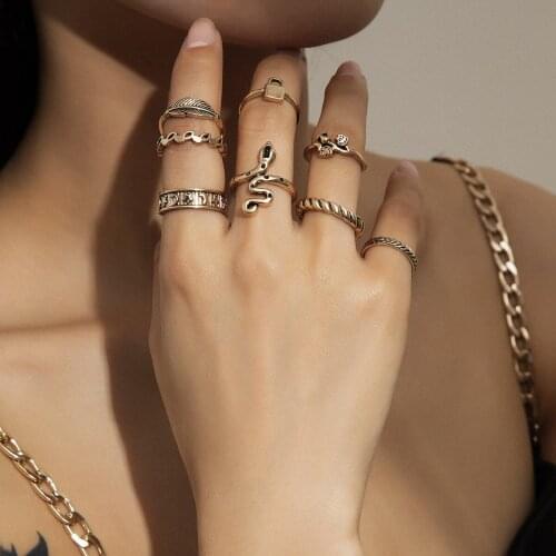 8pcs/set Punk Style Vintage Snake Lock Flower Leaves Rings Set For Women Girls Punk Geometric Simple Finger Rings 2021 Trend