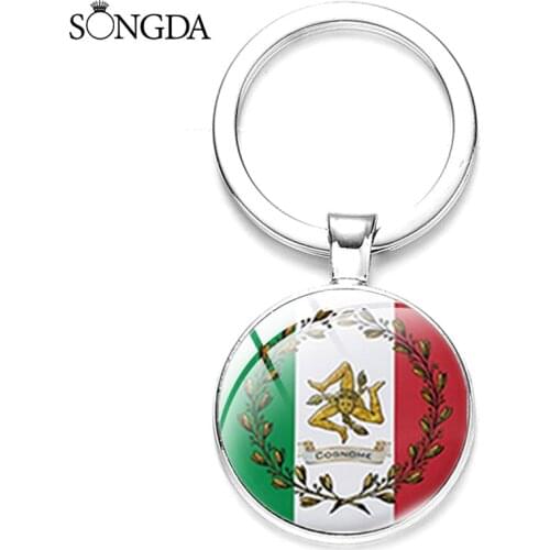 Vintage Sicilian Trinacria Key Chain Art Photo Glass Dome Cabochon Car Keychain Symbol Rune Pattern Gifts for Men Women Jewelry