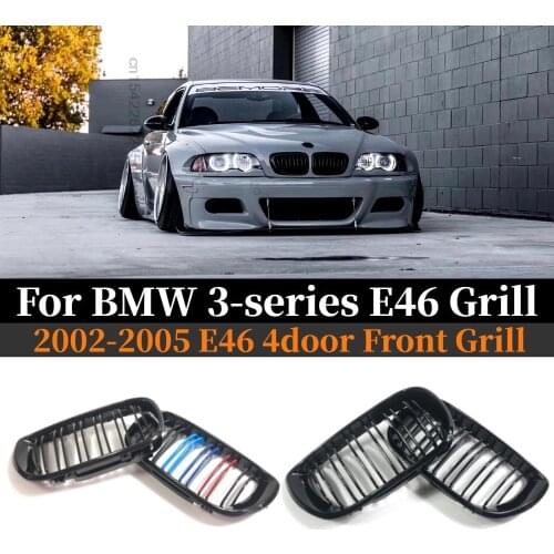 Gloss Black Front Kidney Double Slat Grill For BMW 3 Series E46 4 Door 4D 2002 2003 2004 2005 318i 320i 325i 330i Grilles Trim