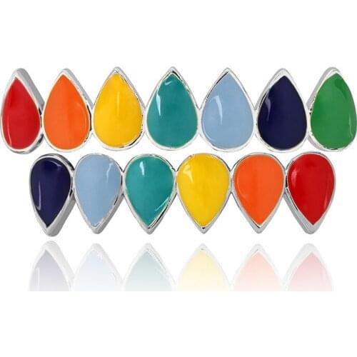Hip Hop Rainbow Fangs Teeth Grillz Top&Bottom Gold Silver Color Grills Dental Halloween Vampire Teeth Grillz Set Gifts