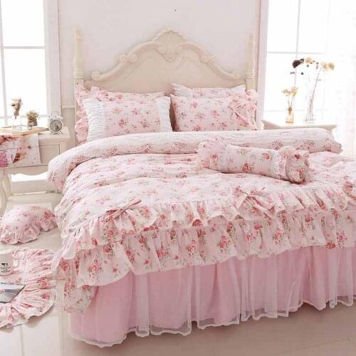 Korean Printing Lace Bedding Set Queen King Size 4/6/8pcs Ruffle Princess Duvet Cover Sets Pink Bedspread Bed Sheet 100% Cotton