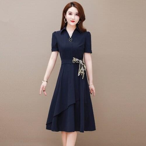 M-4XL Women OL Dress Summer 2021 New Fashion Office Ladies Short-sleeve Belt Lacing Dress Female