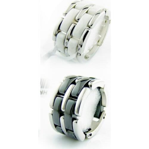 Fashion Double Rows Black / White Ceramic Stainless Steel Rings For Men & Women