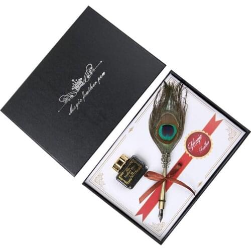 Peacock Feather Dip Pen Set, 1 Ink +1 Fountain Pen, Stationary Supplies, Simple Bussiness Gift, English Calligraphy Pen Set