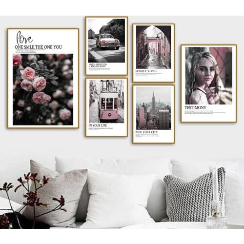 Pink Car Rose Flower Girl Tram Wall Art Canvas Painting Nordic Posters And Prints Landscape Wall Pictures For Living Room Decor