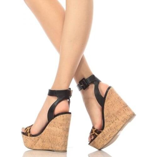 New Leopard Suede Patchwork Wedge Heel Sandals High Platform Wooden Pattern Heels Peep Toe Gladiator Shoes