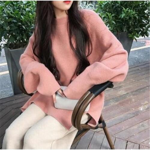New 2019 Autumn Winter Womens Sweaters Korean Basic Solid Loose Knitted Pullovers Female Casual Long Sleeve Oversize Jumper Top