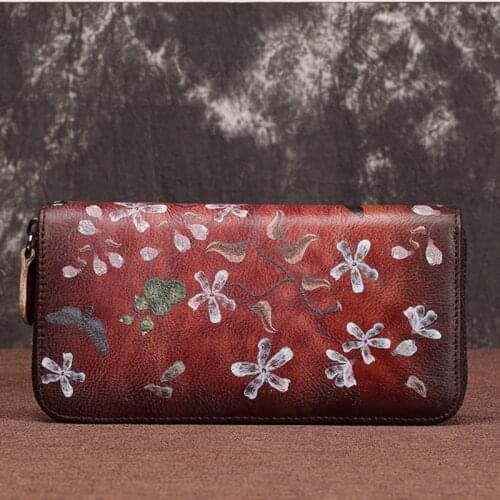 New Female Purse Wallets ID Credit Cards Printing Clutch Zipper Bag Money Clips Flower Women Genuine Leather Long Wrist Bags