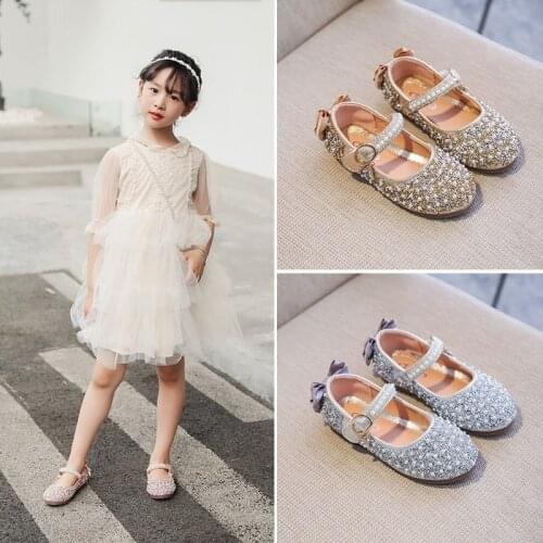 Girls Mary Janes Shoes Silver Bling Wedding Shoes Pearls Princess Shoes Back Butterfly Dance Party Shoes Kids Baby Child Gold